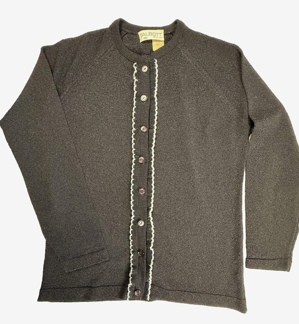Vtg 60's Talbott Mills Cardigan Jet black white detailing Mod Fashion Dark Acade